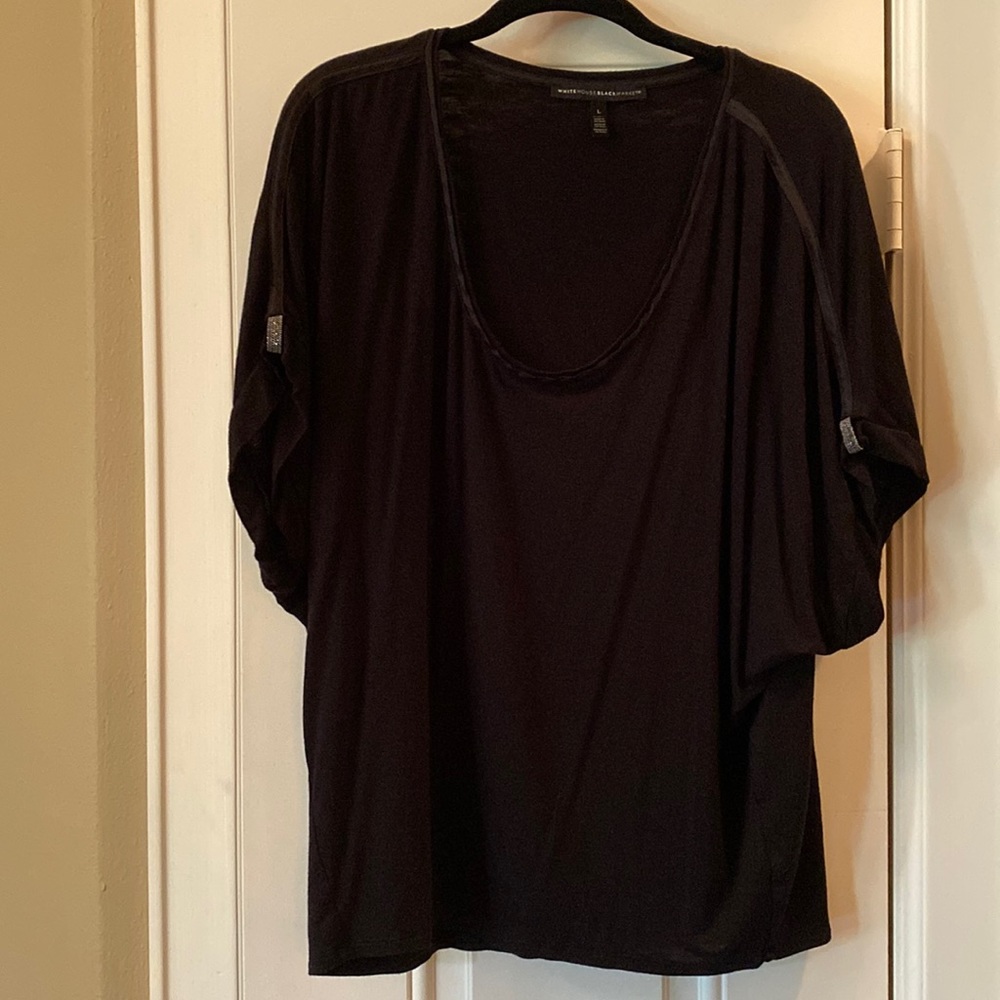 White House Black Market Black Dolman Sleeve Tee Ball Chain Trim Size